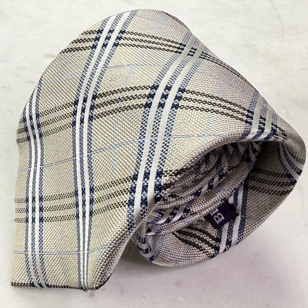 Beau Brummel Necktie Mens OS Beige Blue Plaid Silk Hand Made Soho Formal Tie